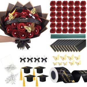 68 Pcs Graduation Glitter Roses Bouquet Set Include Glitter Rose Wrapping Paper Ribbon Butterfly Gem Pins Scroll Mini Grad Cap for Grad Party DIY Flower Money Bouquet Gifts(Red, Black)