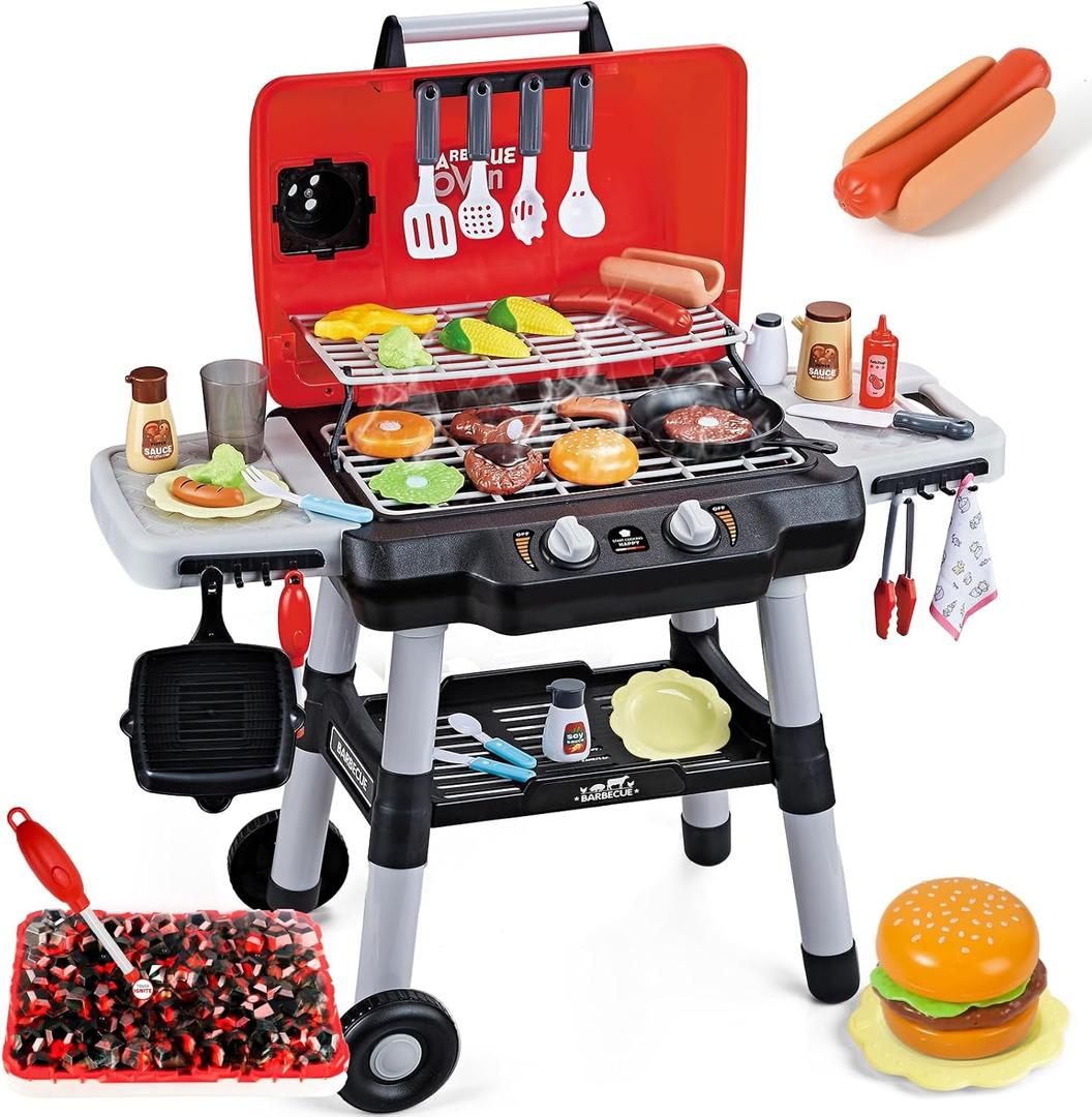 Kids Play Kitchen Toys, Kids BBQ Grill Playset with Smoke Sound Light, 2-Layer Barbecue Toy with Wheel, Outdoor Play Grill Toys for Toddlers 3-5, Play Food Toys Cooking Set, Birthday Gift for Boy Girl (Black and Red)