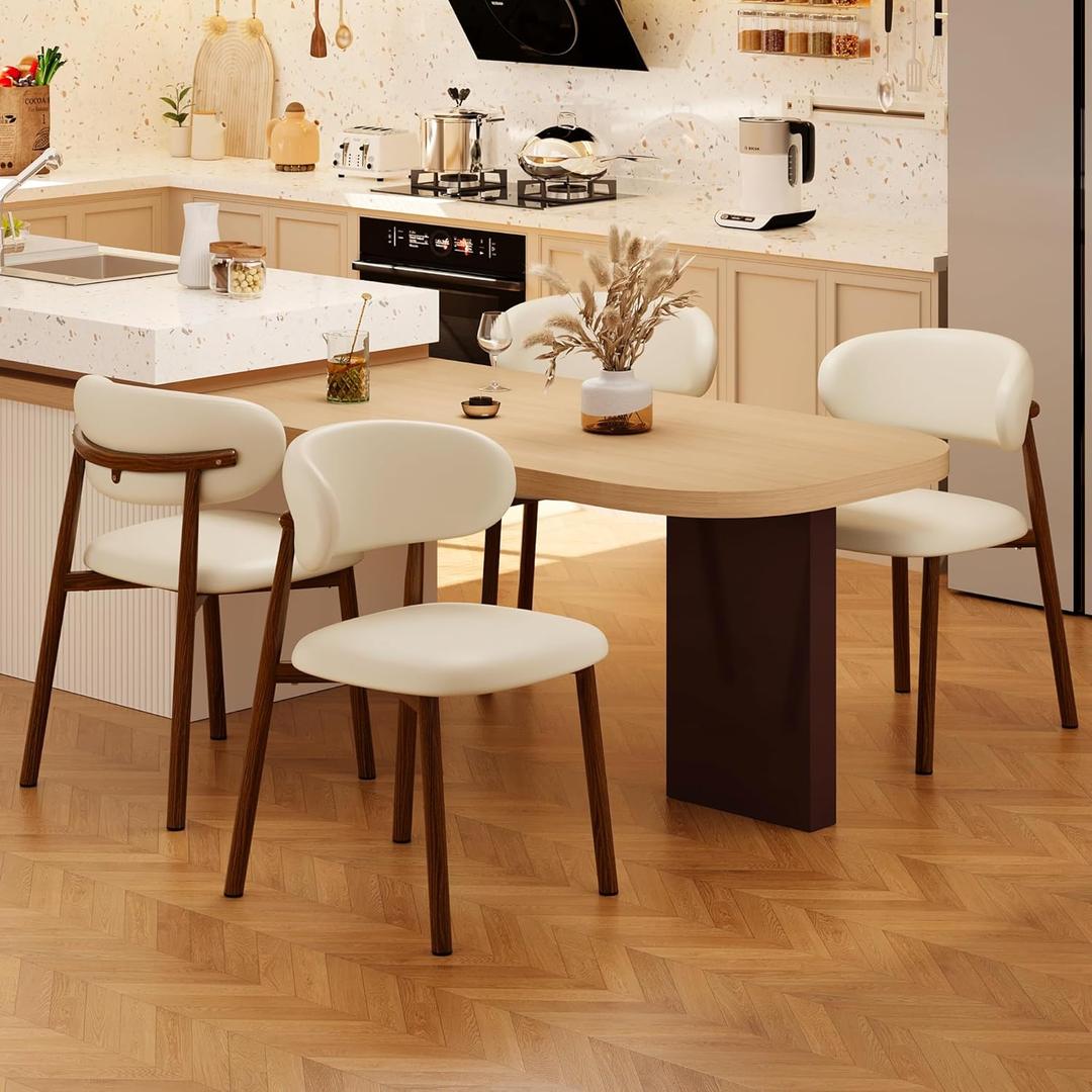 Kitchen Dining Chairs Set of 4 Modern Upholstered Leather Farmhouse Dining Room Chair with Metal Legs, Walnut/Beige, 17.7 inches x 15 inches x 31.1 inches
