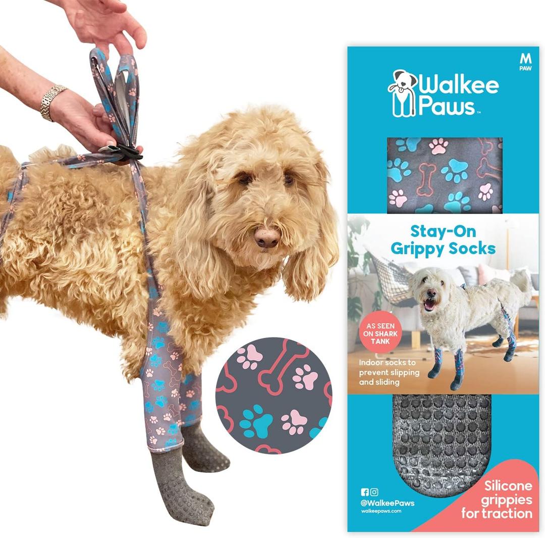 WALKEE PAWS Stay-on, Non-Slip Dog Socks to Prevent Licking Paws and Slipping on Hardwood Floors. Seen on Shark Tank, Never Lose a Dog Sock Again Grippy Socks with All Around (Medium (Max Height 25": Max Paw Width 3"))