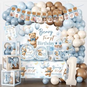 232 Pcs Beary First Birthday Decorations, Teddy Bear One Year Old Birthday Balloon Garland, Banners, Baby First Teddy Bear Backdrop, Plates and Napkin Set 2 Pcs Bear Tablecloth Blue Brown and White