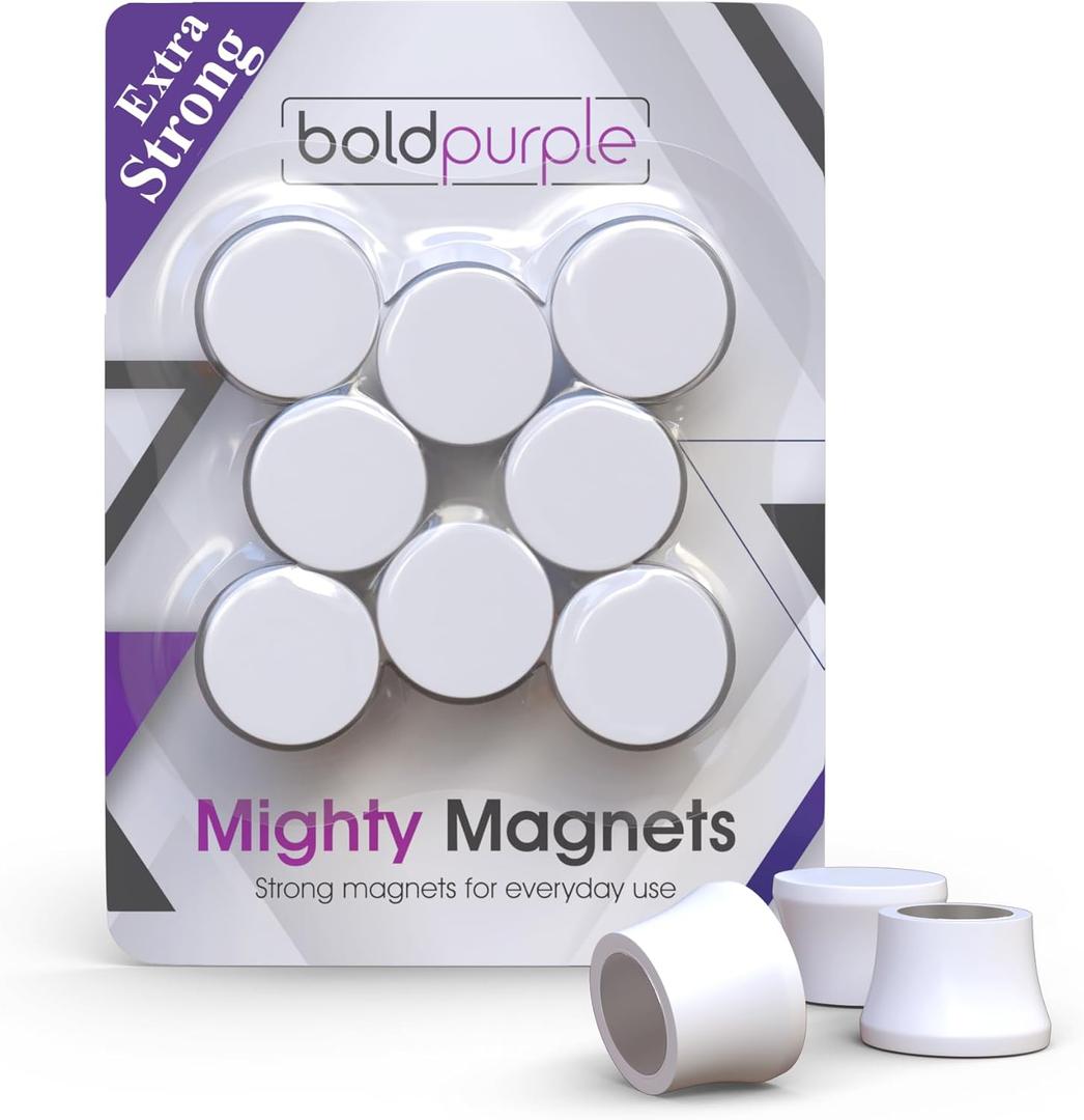 Strong Magnets for Whiteboard, Glassboard and Fridge (White, 8 Pack, Small). N54 Neodymium Rare Earth Heavy Duty Magnets for Home and Office Supplies.