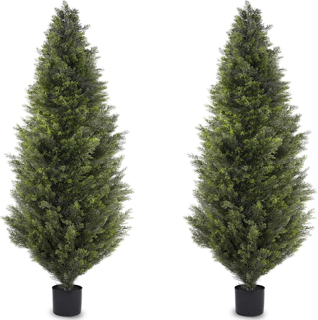 Outdoor Artificial Cedar Topiary Trees, 6FT Set of 2 UV-Resistant Potted Plants with Planter, Realistic Fake Trees for Porch, Garden, Balcony, Patio & Office Decor