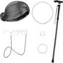 Apoway 100 Days of School 9-Piece Old Lady Wig Costume Set Grandma Dress Up Cap Glasses Cane Pearl Necklace Bracelet Earrings