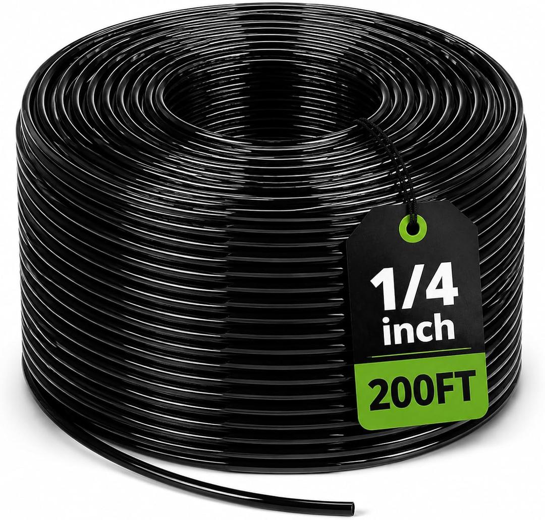 Bonviee 200ft 1/4 inch Drip Irrigation Tubing  Flexible, Durable Garden Watering Hose, Compatible with 1/4" Barbed Tee Fittings, Micro-Emitters & Misters, Easy Install for Home Garden & Raised Beds (Black)