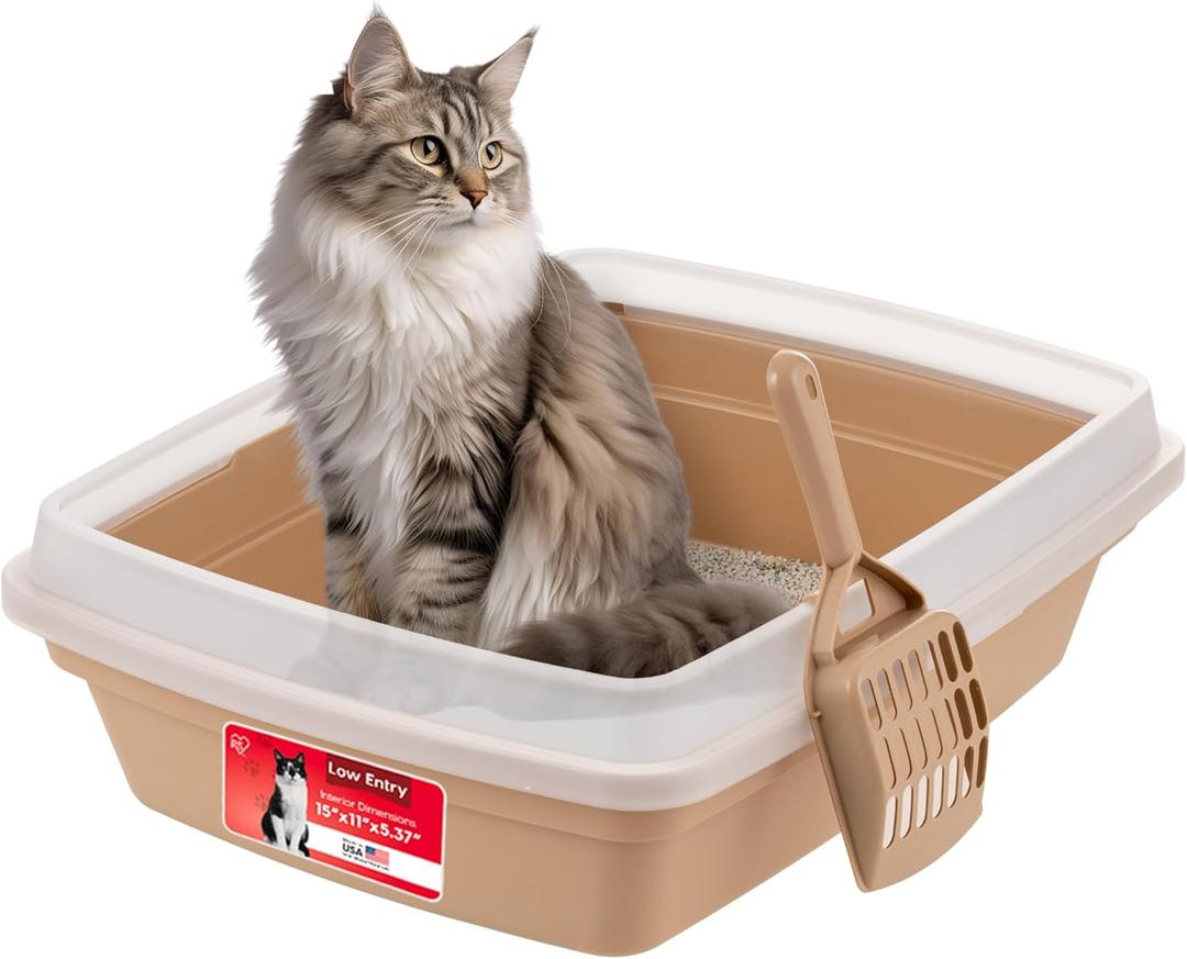 IRIS USA Cat Litter Box, Open Top with Scoop, Easy Clean Plastic Pan for Indoor Cats & Kittens, Beige (Small)