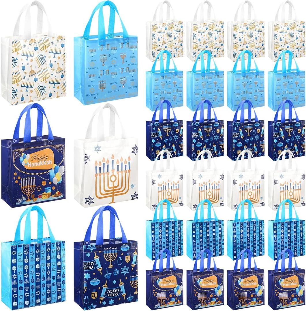 Tegeme 24 Pcs Hanukkah Gift Bags Bulk Chanukah Gift Bags Reusable Large Hanukkah Tote with Handles Non Woven for Gifts Wrapping Accessories Party Supply, 9x8.7x4.3''