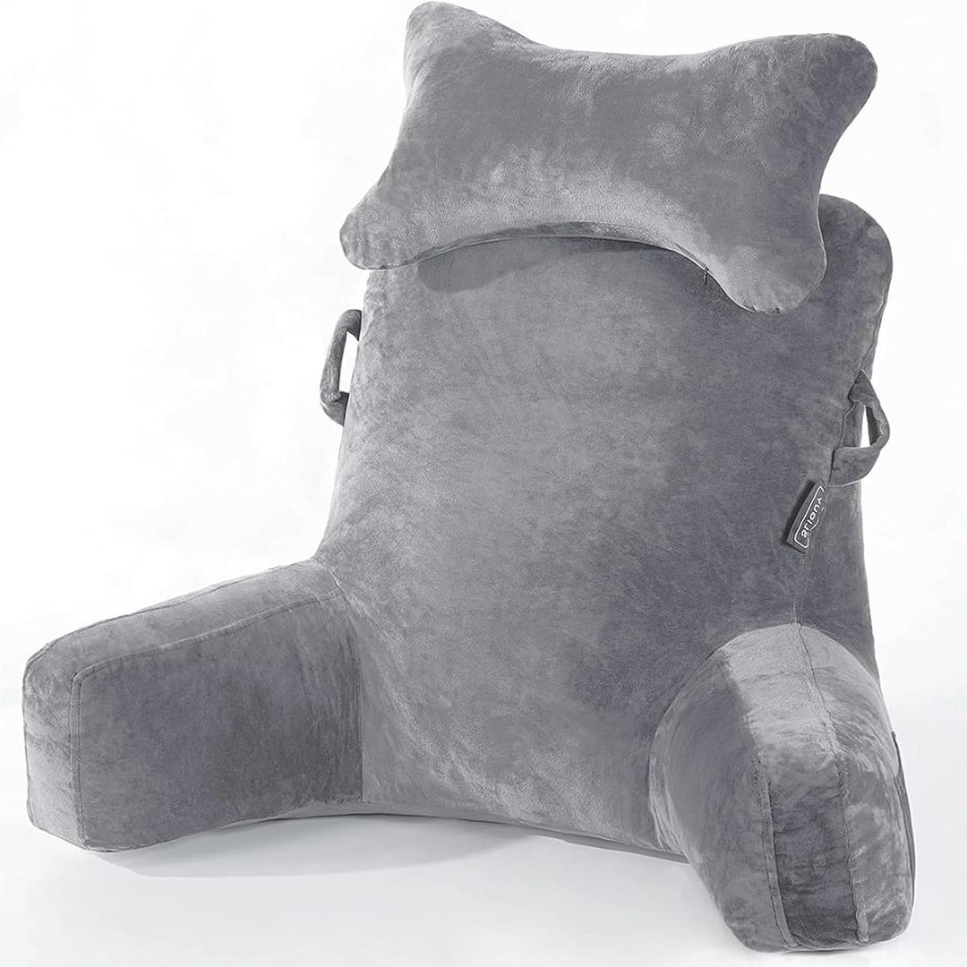 SLIGUY Reading Pillow-Bed Rest Pillow with Detachable Neck Roll & Support Arm for Sitting in Bed Couch or Floor-Backrest Reading Pillow Adult Back Pillow for Reading/Watching TV/Gaming,Dark Grey, Medium