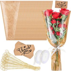 Gilprop 100 Packs 16.5'' Flower Wrapping Bags Kraft Paper Floral Packing Sleeves with Floral Card Holder Picks Ribbons and Thank You Card Bouquet Flower Wrapping Sleeves for Wedding, Birthday Gift