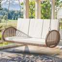 DWVO 3-Person Wicker Porch Swing with Cushions, Outdoor Hanging Swing Chair with Oval Armrests, Iron Frame, 800lbs Capacity for Patio, Garden, Balcony (Beige)