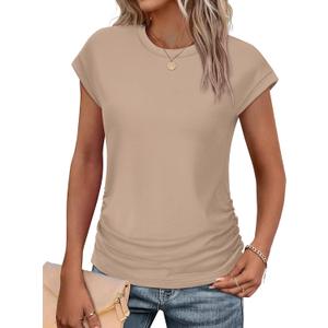 SAMPEEL Womens Summer Tops Trendy 2025 Ruched Cap Short Sleeve Tshirts Shirts Crew Neck T Shirts Fashion (X-Large, Khaki)