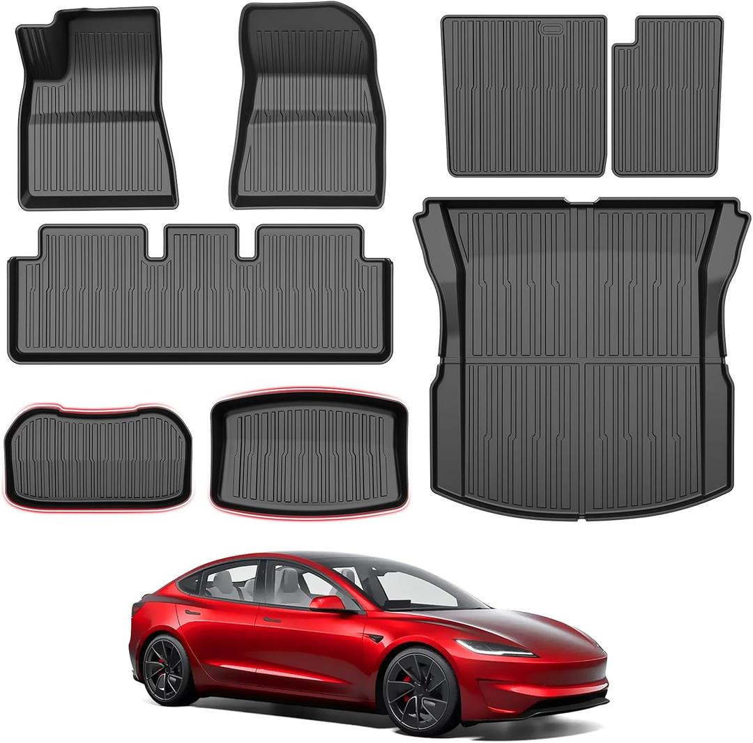 Powerty Floor Mats for 2024 2025 2026 Tesla Model 3 Highland 8 PCS Floor Cargo Liners Full Set All Weather TPE 3D 2 Row Liner Front Rear Storage Mat and Rear Seat Back Mats