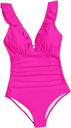 Women's Swim Ruffle Trim Ruched V Neck Knot One Piece Bikinis Swimsuit Beachwear Bathing Suit for Women, L