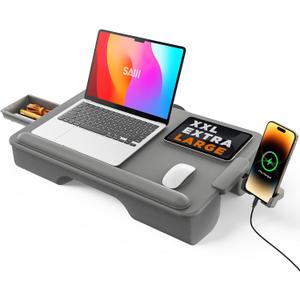 SAIJI Lap Desk with Cushion, Computer Laptop Stand, Lap Laptop Table, Built-in Drawer Storage, Phone Holder, Wrist Pad