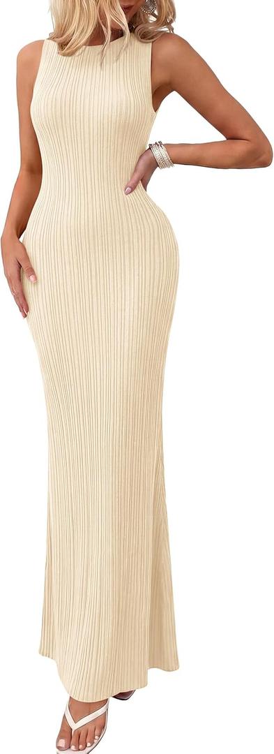 PRETTYGARDEN Women's 2026 Summer Casual Maxi Dresses Ribbed Knit Sleeveless Bodycon Elegant Going Out Beach Vacation Clothes Apricot, X-Large