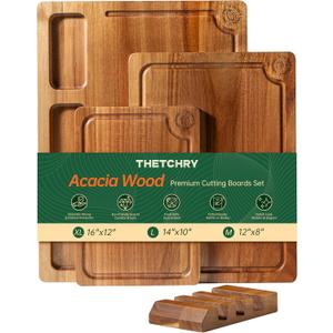 THETCHRY Acacia Wood Cutting Boards for Kitchen, Premium Wood Cutting Board Set with Holder, Chopping Board with Grooves and Built-in Handles, Wooden Charcuterie Board Trays for Meat, Fruit, Cheese