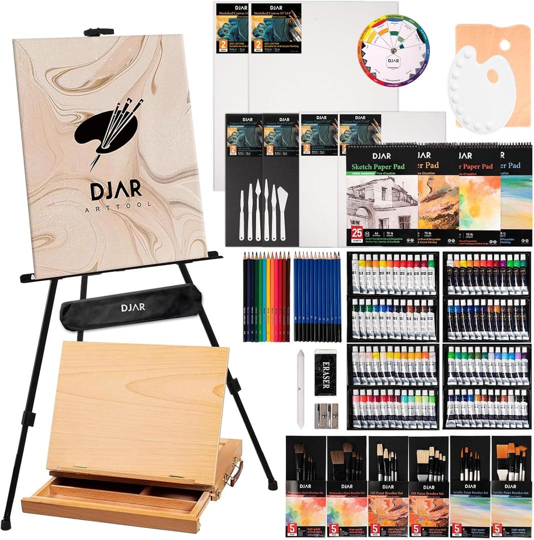 DJAR 174 Pcs Professional All-in-One Art Painting Kit with FSC-Certified Beech Wood Easel, 96 Acrylic, Watercolor & Oil Paint Set, Complete Art Supplies Painting Set for Adults, Artists, Beginners