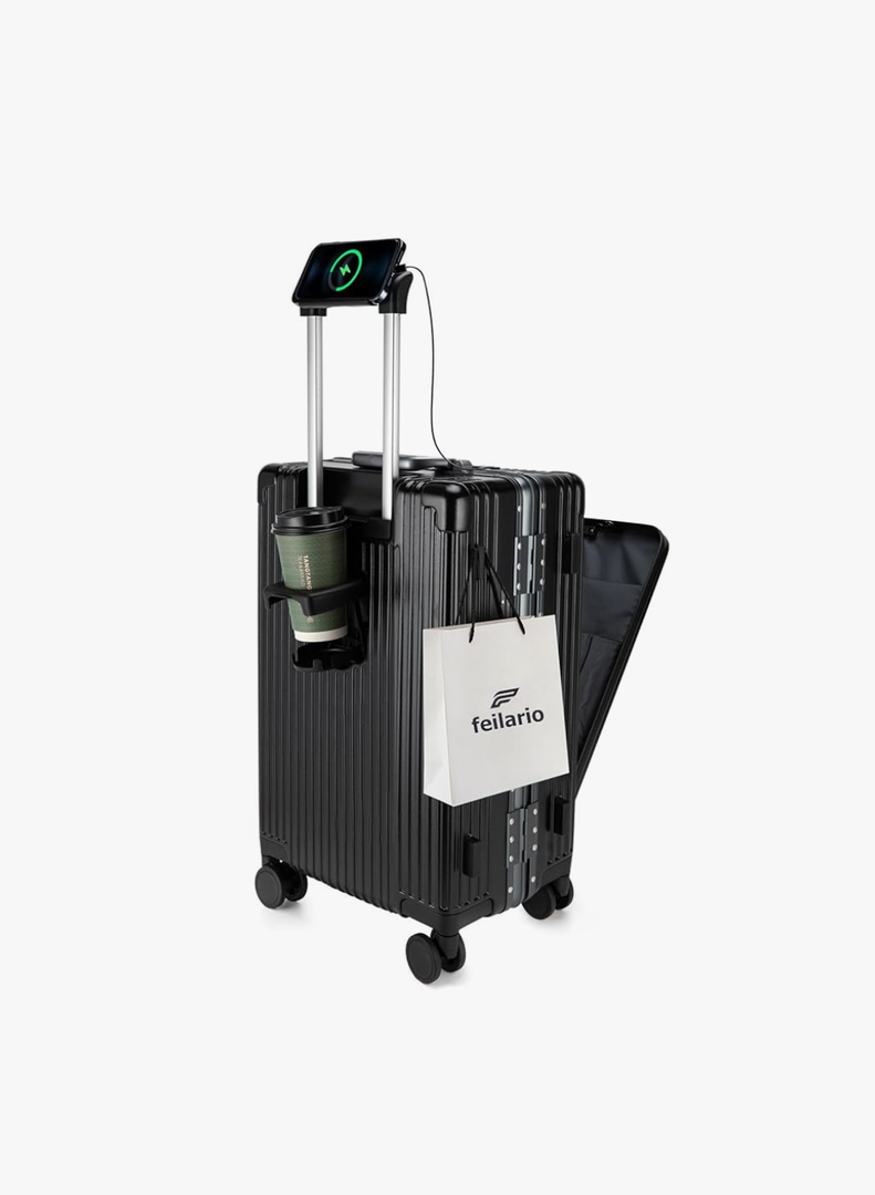 feilario 20in Aluminium Frame Hardside Spinner Wheel Luggage, Built-In TSA lock Carry on Suitcase, with Cup Holder & USB Port & Phone Holder