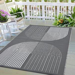 Outdoor Rug 9x12, Modern Plastic Straw Rug Large Outdoor Rug for Patio Waterproof Reversible Rug Outside Camping Rug for RV Deck Backyard Balcony, Grey &White