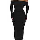 PRETTYGARDEN Women's Fall Off Shoulder Maxi Bodycon Dress Long Sleeve Ruched Fitted Club Dresses with Slit (Black, Small)