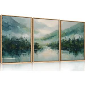 LHIUEM Large Geen Forest Mountain Framed Canves Wall Art Set,Misty Watercolor Artwork,Abstract Modern Nature Pine Tree Landscape Painting for Living Room,Bedroom,Office-16''x24''x3 Foggy Mountain Wall Art