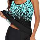 Urchics 2025 Flowy Tankini Swimsuits for Women Tummy Control Tankini Swimwear Tank Top with Boyshorts Two Piece Bathing Suits (Small, Z-blue Black Leaves)