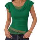 ZESICA Women's Summer Going Out Tops Ruffle Short Sleeve Cowl Neck Shirts (Green, XL)