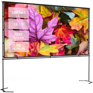 100-inch Portable Projector Screen with Stand | 16:9 HD 4K Wrinkle-Free Indoor/Outdoor Screen for Home Cinema, Backyard Movies & Camping
