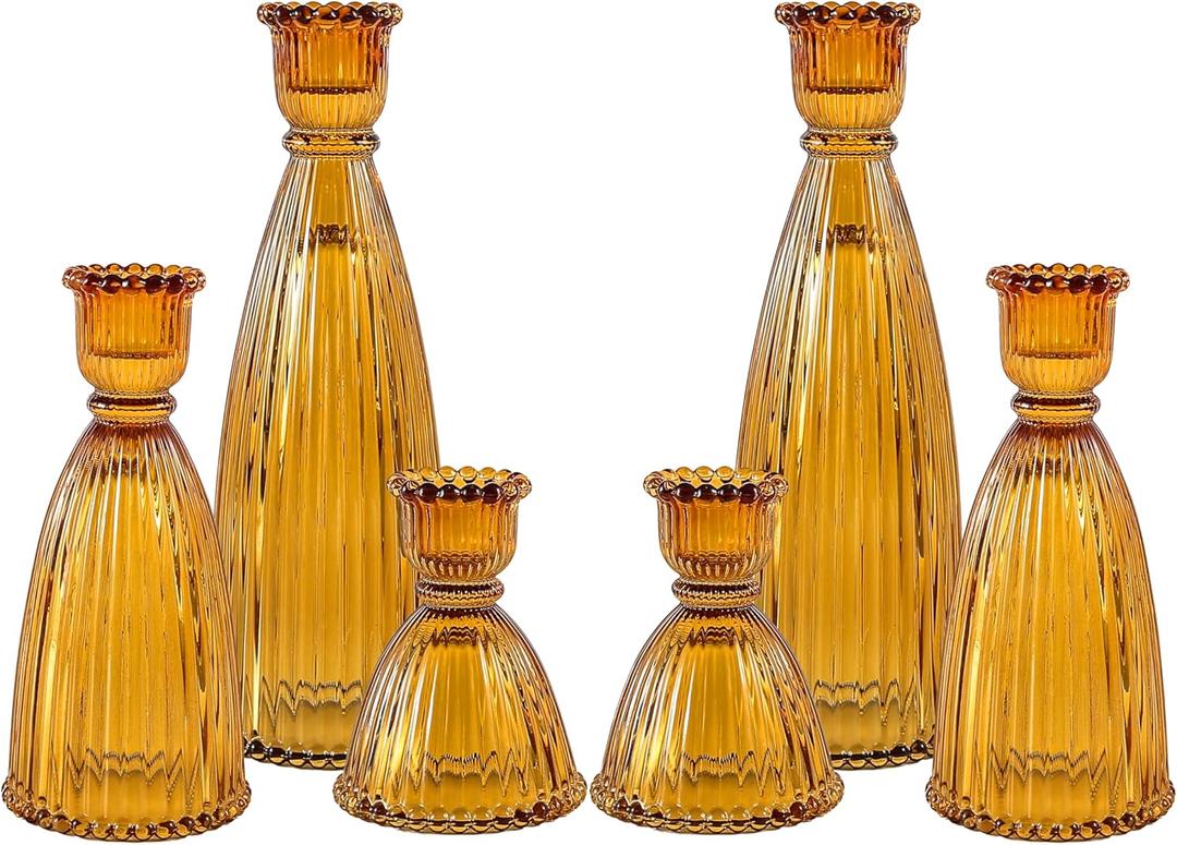 Denique Colored Vertical Stripe Candlestick Holders, Glass Candle Holder Set of 6, Candlestick Holders for Taper Candles, Tealight Candle Holders for Table Centerpieces Home Decor (Amber)