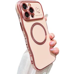 ZONRW for iPhone 15 Pro Case Magnetic,for Women Girls Soft Cute Wave Frame Curly Shape Love Heart Luxury Plating Phone Case Compatible with MagSafe Shockproof Back Cover 6.1"-Pink