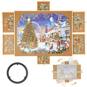 1500 Piece Rotating Wooden Puzzle Table - 6 Drawers, 27x 35 inch Puzzle Board with Lid, Portable Puzzle Table, PP-00