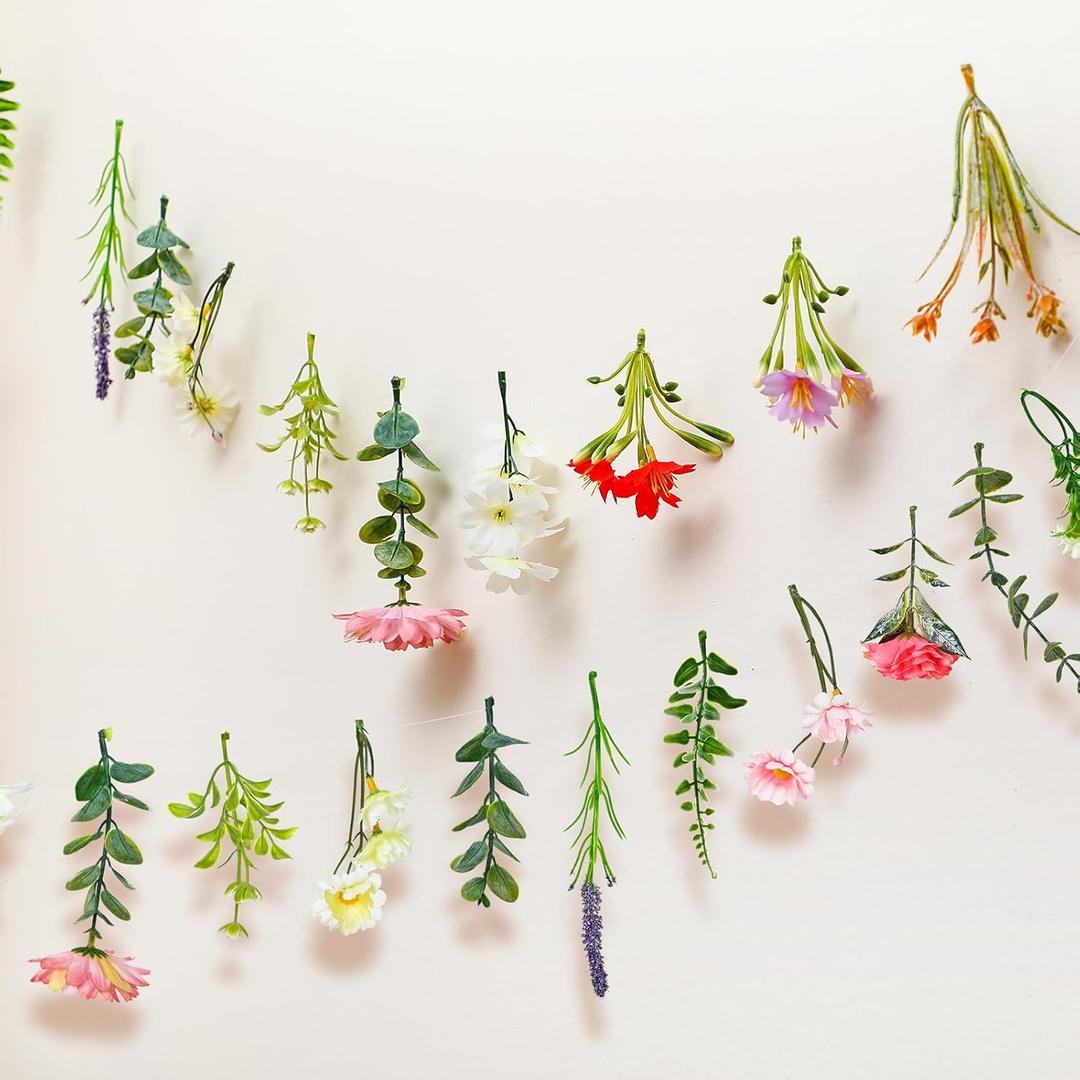 2 Pcs 6.6 ft Artificial Flower Banner Wildflower Garland Garden Tea Birthday Party Decoration Floral Hanging Decor Wildflower Backdrop for Bridal Baby Shower Fall Halloween Home(Vivid Color)