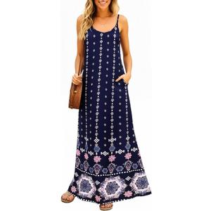 Supnier Women's Summer Maxi Dress Casual V-Neck Sleeveless Bohemian Spaghetti Strap Floral Long Maxi Dress with Pockets (Blue, S)