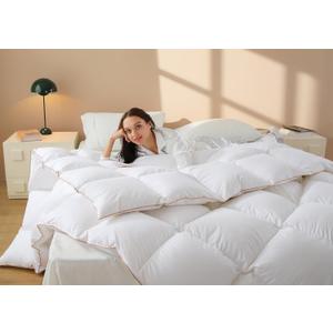 Vexino Down Comforter King Size  All Season Medium Weight Fluffy White Duvet Insert, Warm Feather Bedding, Soft 100% Cotton Cover, 106x90 in (White Dark Gold Piping)