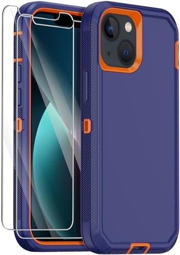 Annymall for iPhone 13 Case with 2 Screen Protector,Shockproof Drop Protection Full Body Heavy Duty 3 Layer Military Rugged Durable Phone Cover for Apple iPhone 13 6.1" (Dark Blue/Orange)