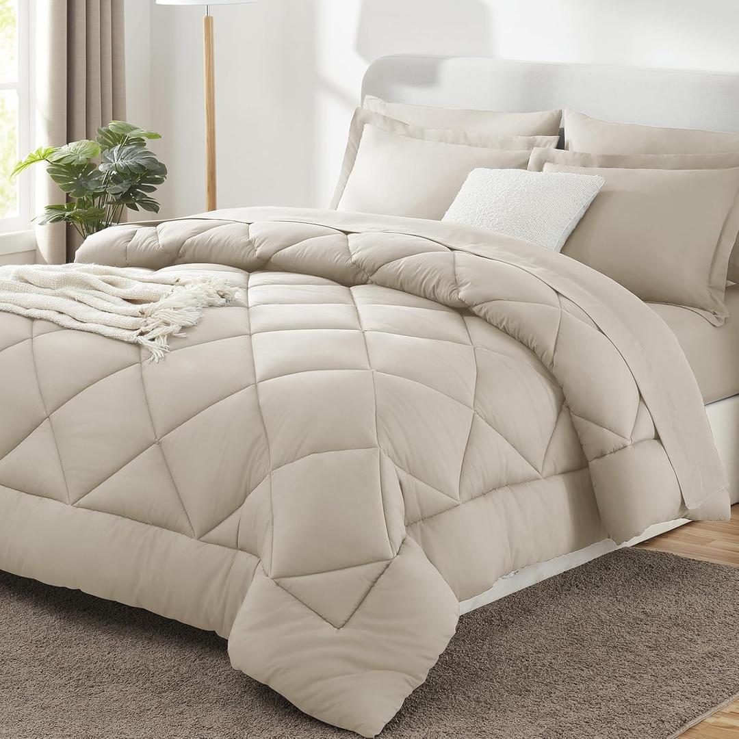 CozyLux Queen Comforter Set with 7 Pieces Bed in a Bag - Oatmeal All Season Bedding Set with Comforter, Pillow Shams, Flat Sheet, Fitted Sheet and Pillowcases