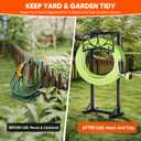 Stable Garden Hose Holder with Storage Basket and Tool Hooks, Heavy-Duty Garden Hose Storage Metal Hose Hanger Holds 160Ft, Rustproof Freestanding Water Hose Holder for Outside,Yard,Lawn,Farm
