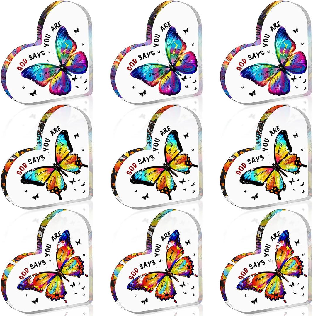 Treela 9 Pcs Butterfly Desk Accessories God Says You are Butterfly Lavender Colorful Appreciation Gift for Women Employee Coworker Teacher Coach Acrylic Christian Plaques Spiritual Gift Bulk for Home