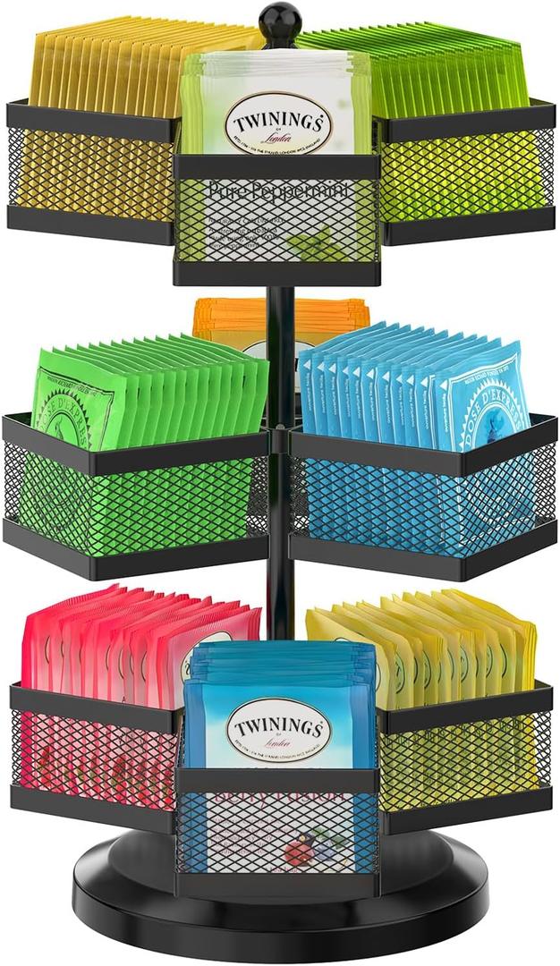 iDavosic.ly 3 Tier Tea Bag Organizer, Packet Storage Holder Spinning Carousel With 9 Compartments, Rotating Metal Caddy for Kitchen Counter Cabinet, Up to 108 Teabags Storage, Black