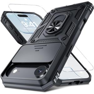 Janmitta Case for iPhone 17 Air Phone Cover Built in Slide Camera Lens Cover+Screen Protector,Heavy Duty Shockproof Full Body PhoneCase with Finger Ring Holder Kickstand,Black