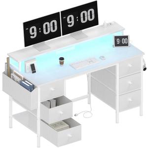 Lufeiya White Gaming Desk with Drawers & Storage Shelves, 47 inch Home Office Desk with Monitor Stand, Computer Desk with LED Lights and Power Outlets, White Lufeiya White Gaming Desk with Drawers & Storage Shelves, 47 inch Home Office Desk with Monitor Stand, Computer Desk with LED Lights and Power Outlets, White