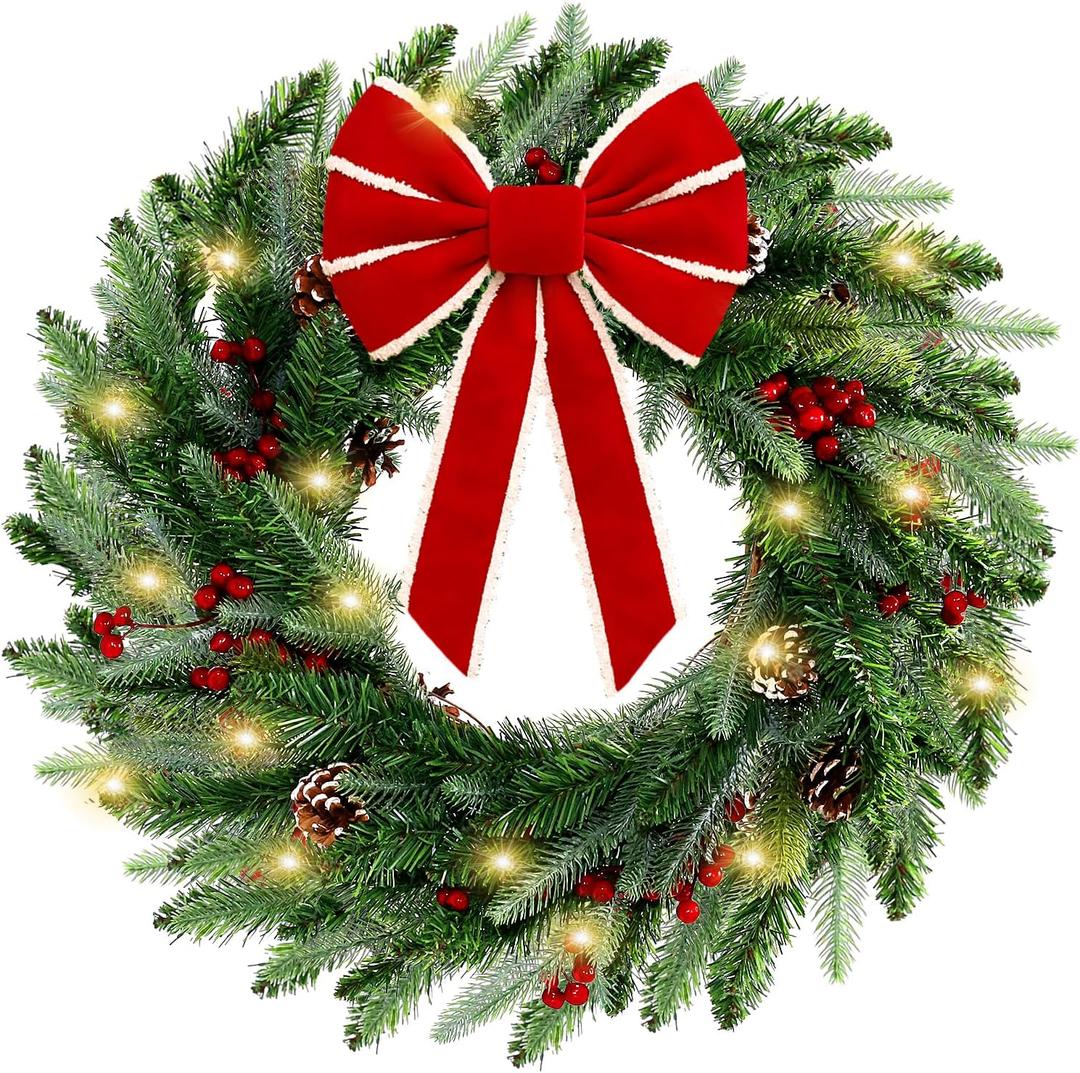 22 Inch Christmas Wreaths for Front Door, Christmas Wreath with Lights,Red Bow, Pinecones, Berries, Artificial Holiday Wreath for Indoor Outdoor Wall, Window, Porch Decor