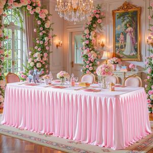 Pink Satin Tablecloths Rectangle 8FT, Glitter Spandex Fitted Stretch Table Covers Wrinkle-Free Floor Length Shimmer Table Skirt for Weddings Parties Baby Shower Banquets Vendor Events (8FT-1 Pack)