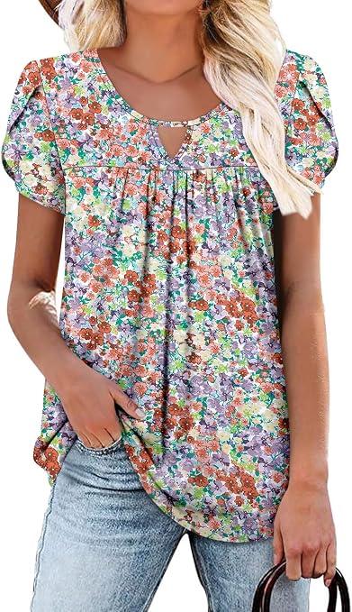 onlypuff Tops for Women Plus Size Summer Outfits Trendy Floral Puffy Short Sleeve T Shirts Chest Pleatings Flower 3XL