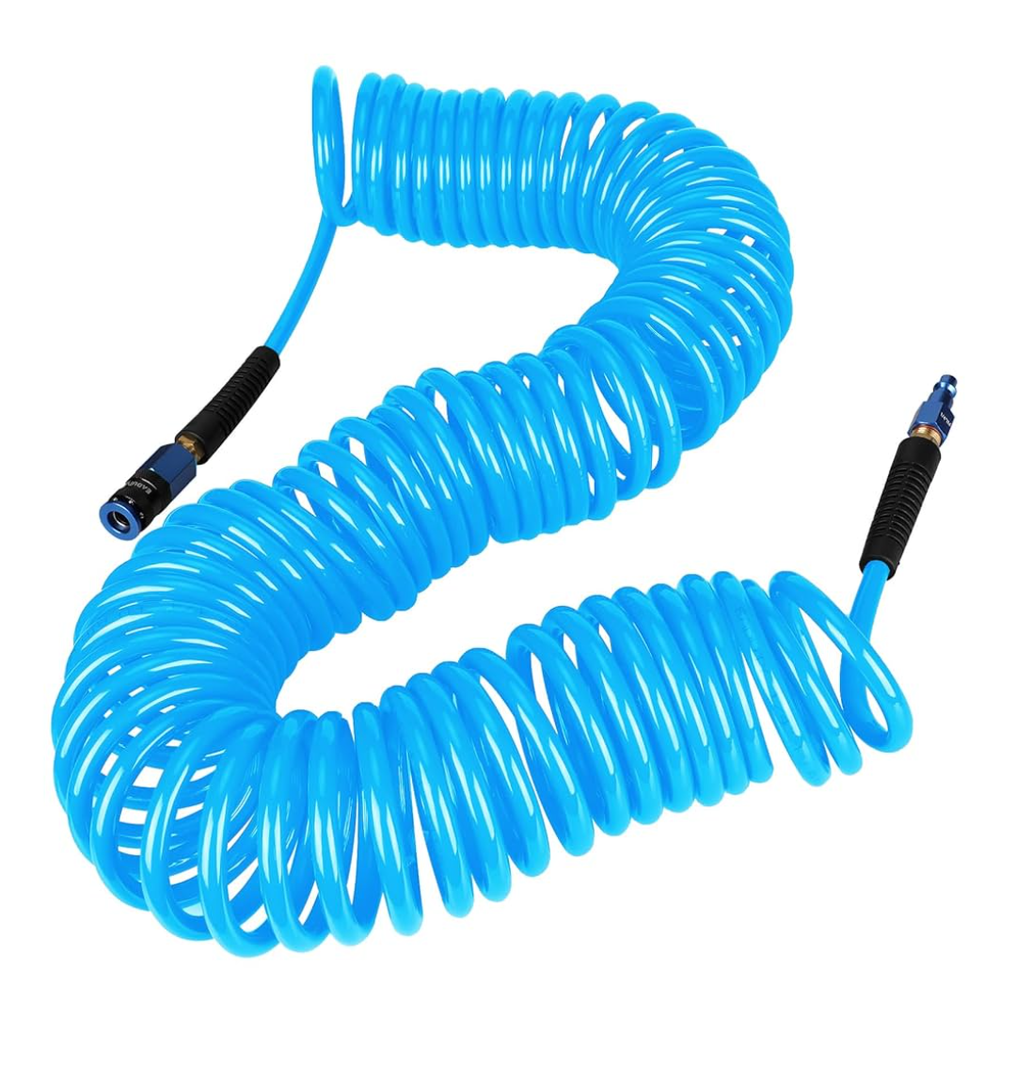 Yereen Heavy Duty Polyurethane Recoil Air Hose 1/4 in x 50 ft, Lightweight, Flexible Compressor Hose with Universal Quick Coupler, Plug and Bend Restrictors, Blue