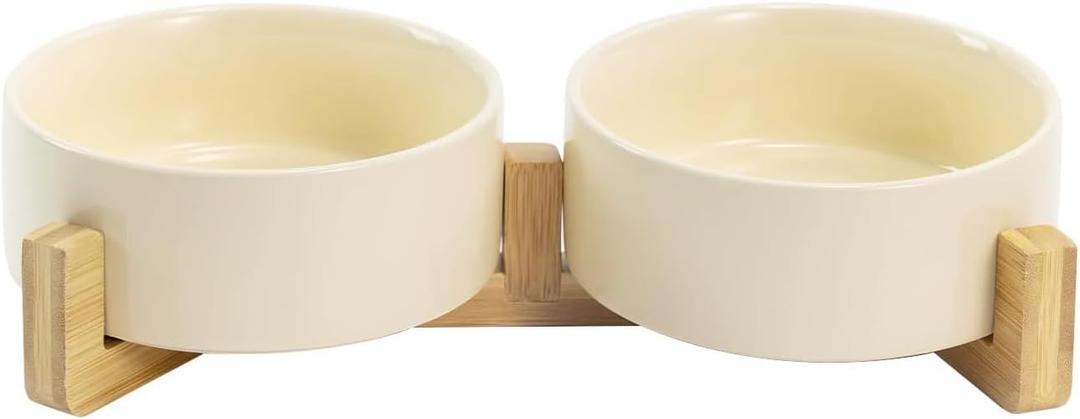 SPUNKYJUNKY Ceramic Dog and Cat Bowl Set with Wooden Stand, Modern Cute Weighted Food Water Set for Small Size Dogs (13.5OZ) & Medium Sized Dogs (28.7OZ) & Cats (1.7 Cups, 2  Beige)