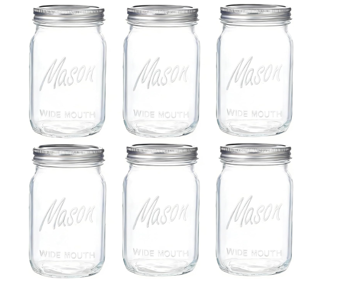 WELLIFE Wide Mouth Mason Jars, 6 Pack Mason Jars 32 oz for Pickling, Canning, Fermenting and Food Storage, Microwave & Dishwasher Safe