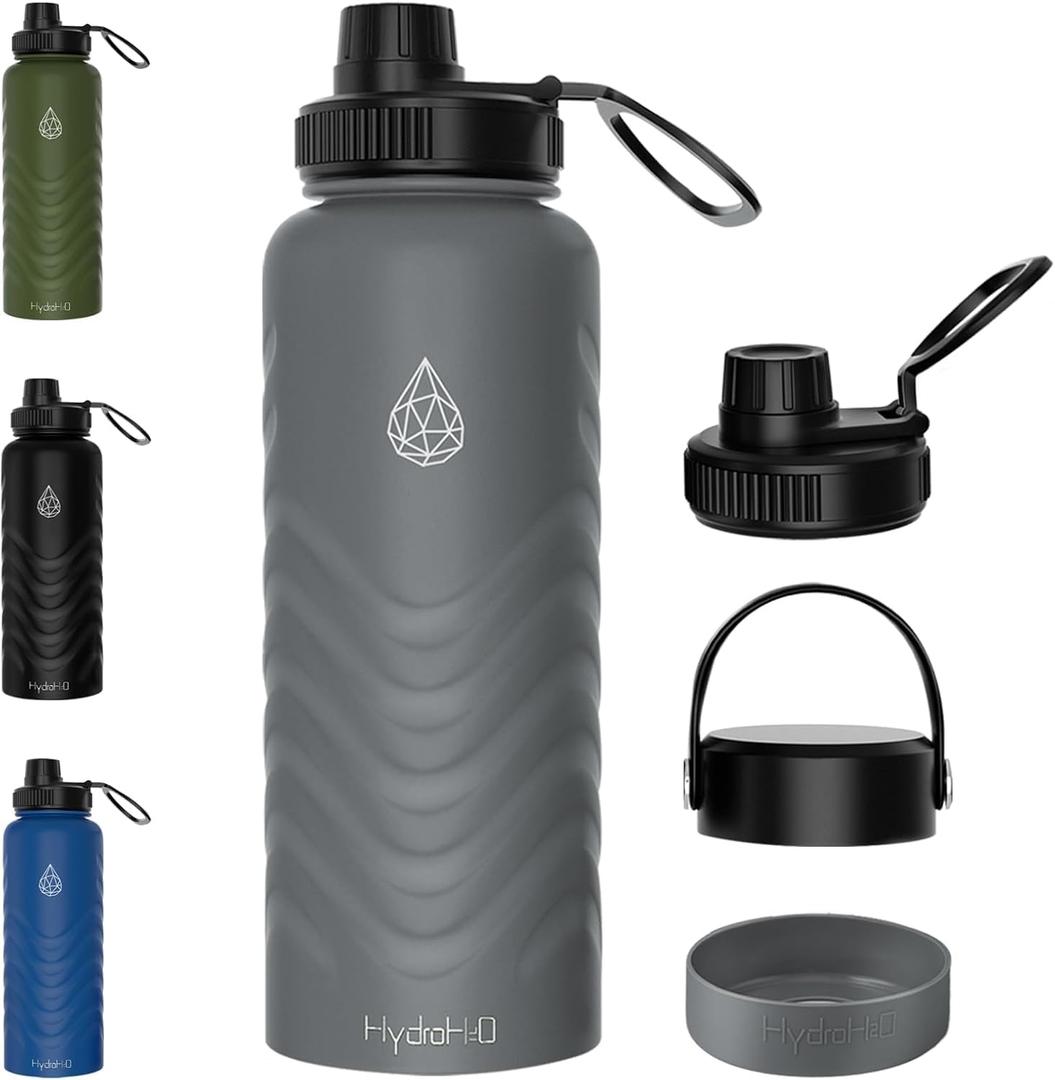 32oz Stainless Steel Insulated Water Bottle, 48H Ice Cold & 24H Hot, Leak-Proof Wide Mouth Lids (Straw & Spout), BPA-Free Bottles, Mens Water Bottle for Gym, Hiking, Travel - Grey (Gray)