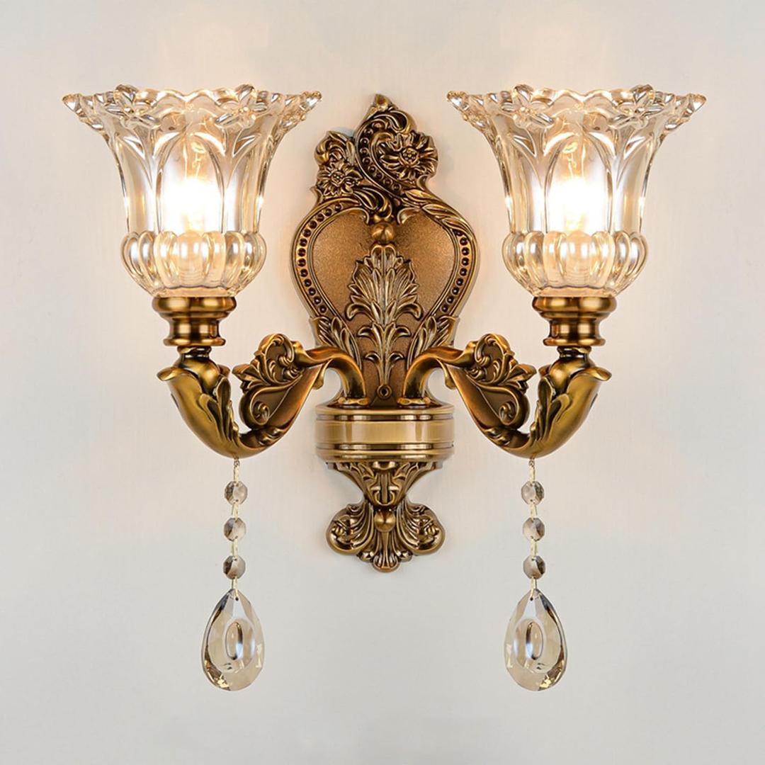 MIXL-2-Heads Victorian Gold Wall Sconces,Floral Wall Mount Lights with Glass Lampshade,French Vintage Style Crystal Sconces for Living Room Bedroom and Hallway