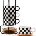 LUKA 6 Ounce Ceramic Stackable Black and White Checkered Espresso Cups with Saucers and Metal Stand Set of 4, Cappuccino Cups Set for Coffee Drinks, Latte, Cafe Mocha and Tea